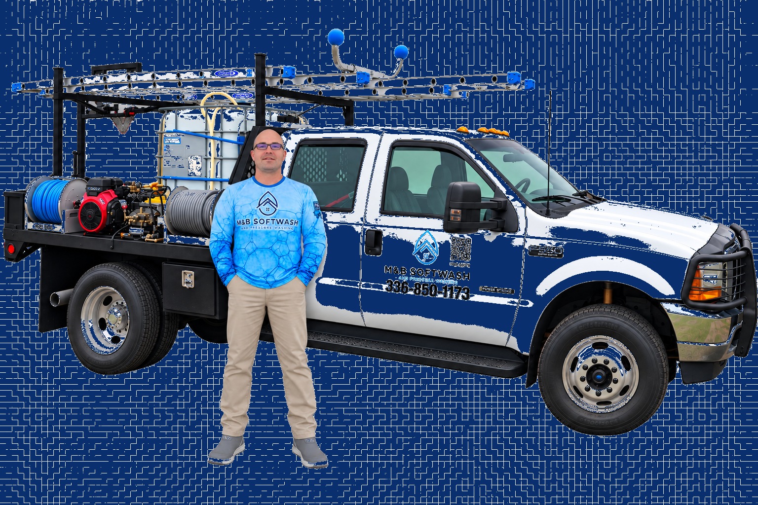 Jobie with the M&B Softwash truck and equipment