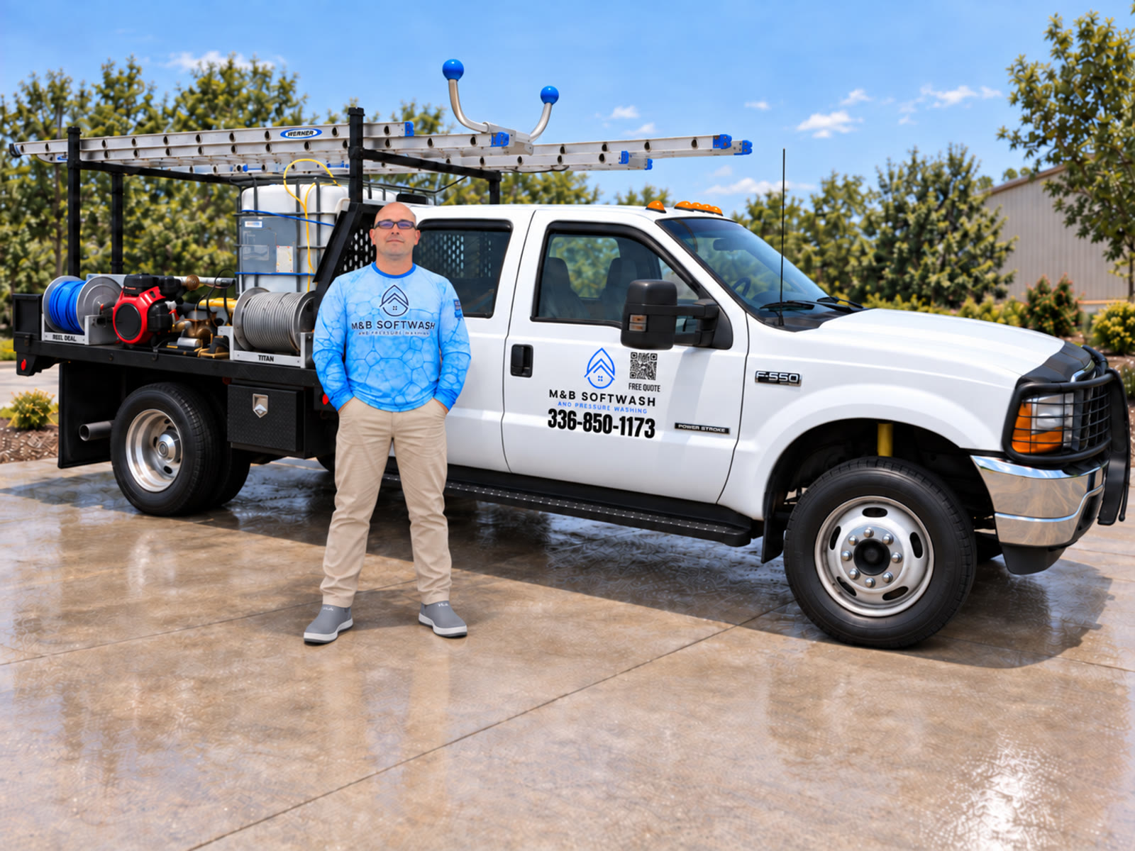 Jobie with the M&B Softwash truck and equipment