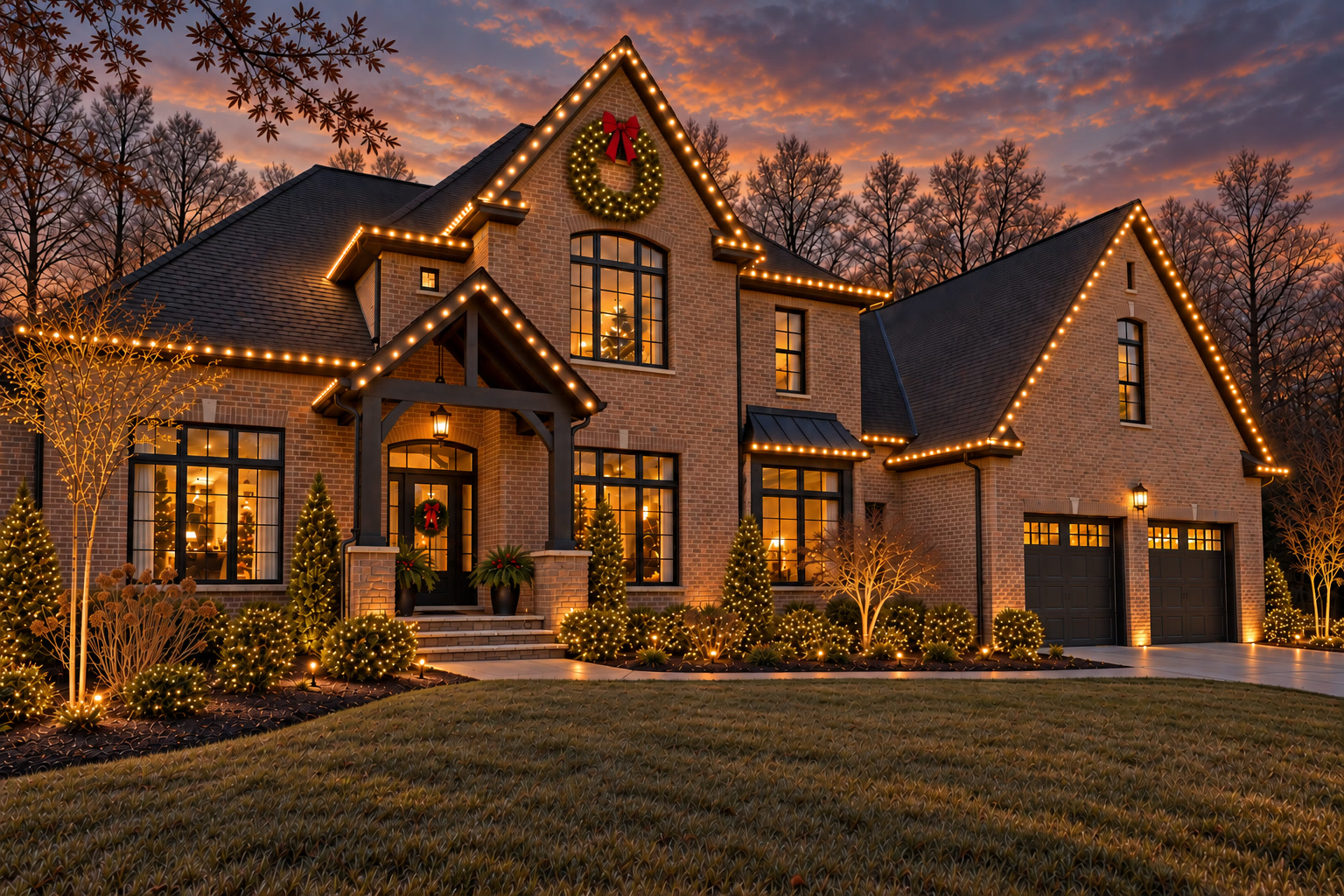 After: same home at dusk with professional holiday lighting
